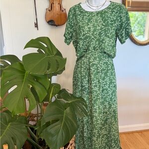 💚Vintage 70s Retro Batik Blouse/Skirt Set Green, Small, #K2